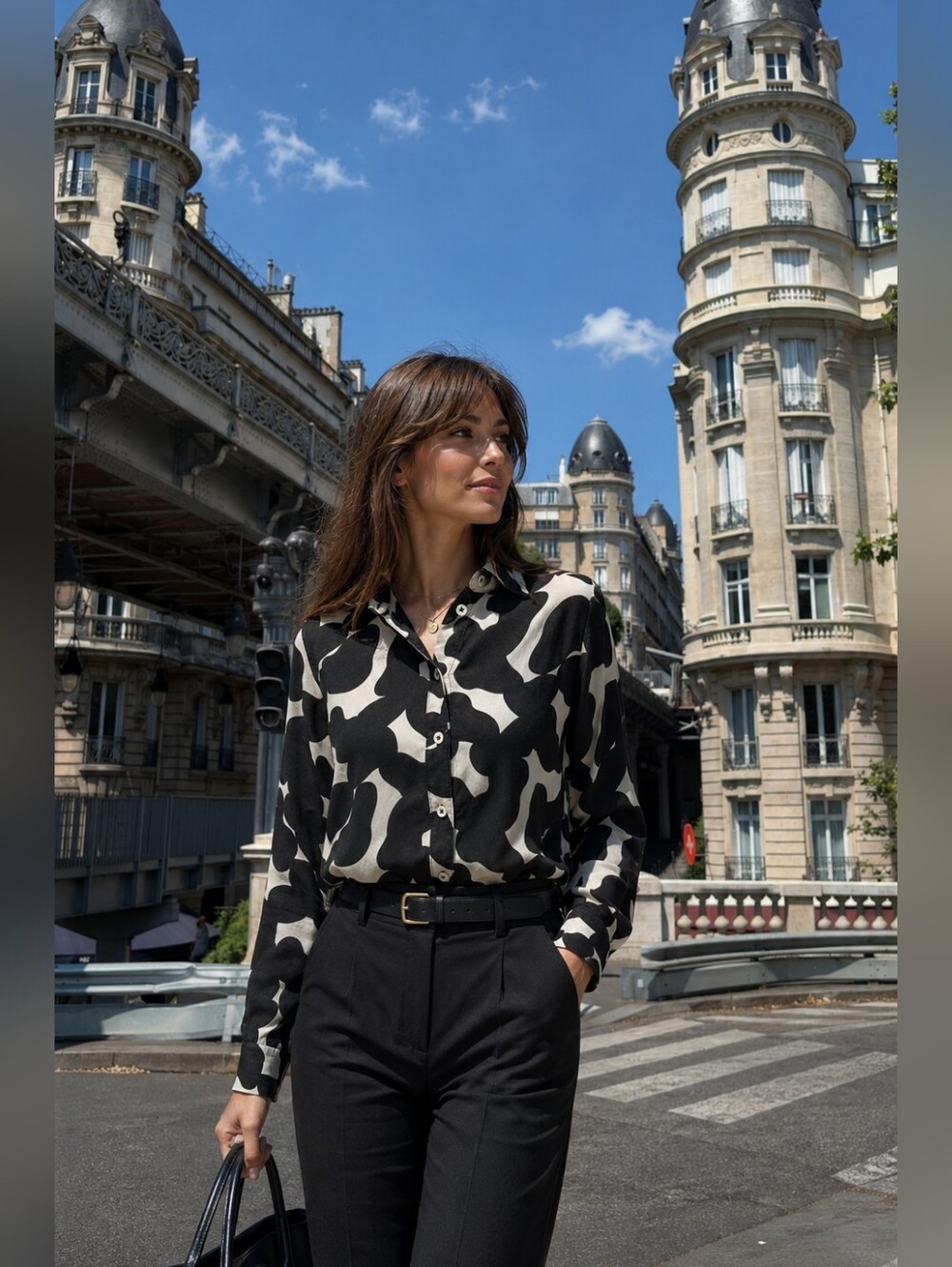Monoprix Black & Cream Abstract Print Button-Up Blouse 100% Silk Size Small